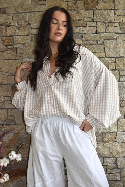 Ginny Gingham Balloon Sleeve Blouse Latte